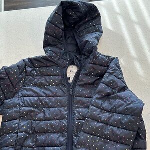 GAP Black Hooded Puffer Jacket with Multicolor Dots